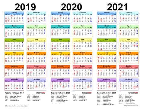 Printable Calendar 2019 To 2021